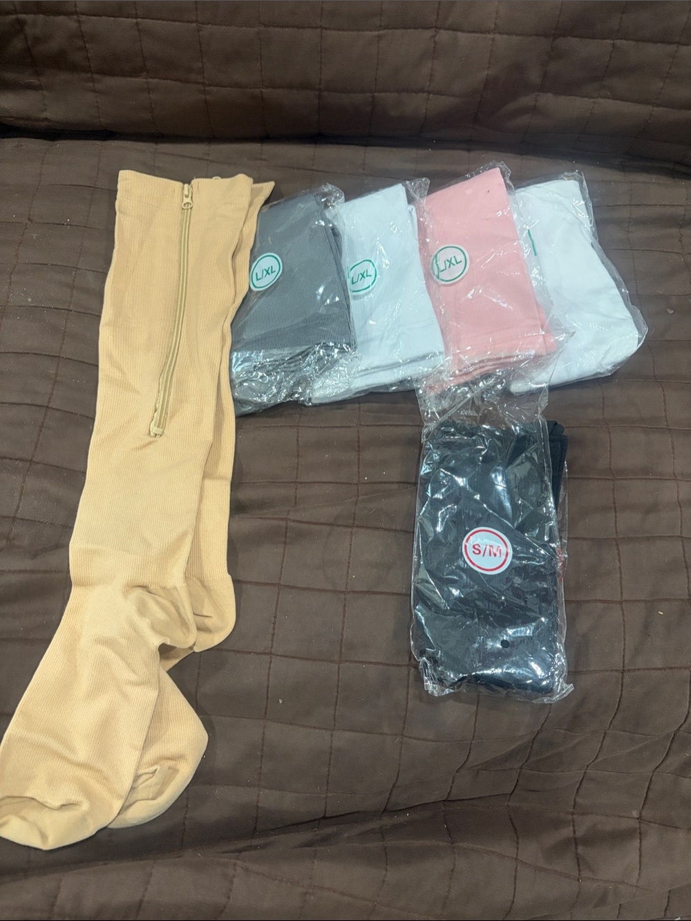 Ribbed Knee-High Tights - Beige, Pink, White, Gray, Black